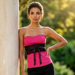 Body Central Hot Pink Strapless Corset Top with Black Lace Accent